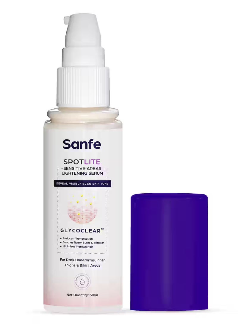 Sanfe Spotlite Sensitive Body Serum For Dark Underarms, Inner Thighs and Sensitive Areas | 10X Powerful, Enriched with 2% Glyoclic Acid, Alpha Arbutin, Niacinnamide| For Dark Intimate Patches, Detanning, Anti Aging and Skin | Helps in Depigmentation & Long Moisture - 50gm | For Indian Women Skin - Image 1